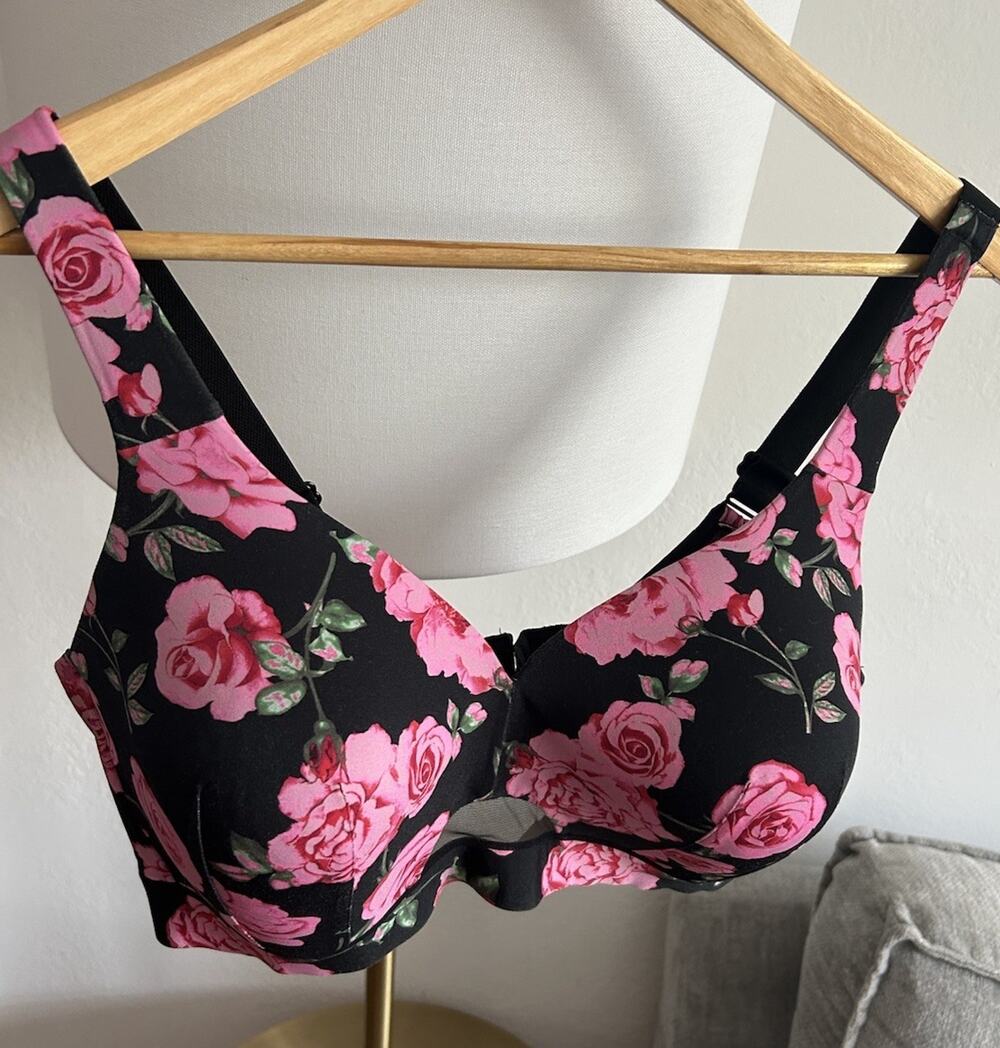 Cacique Balconette Bra 40 D Black Pink Roses Support Lift Comfort Underwire